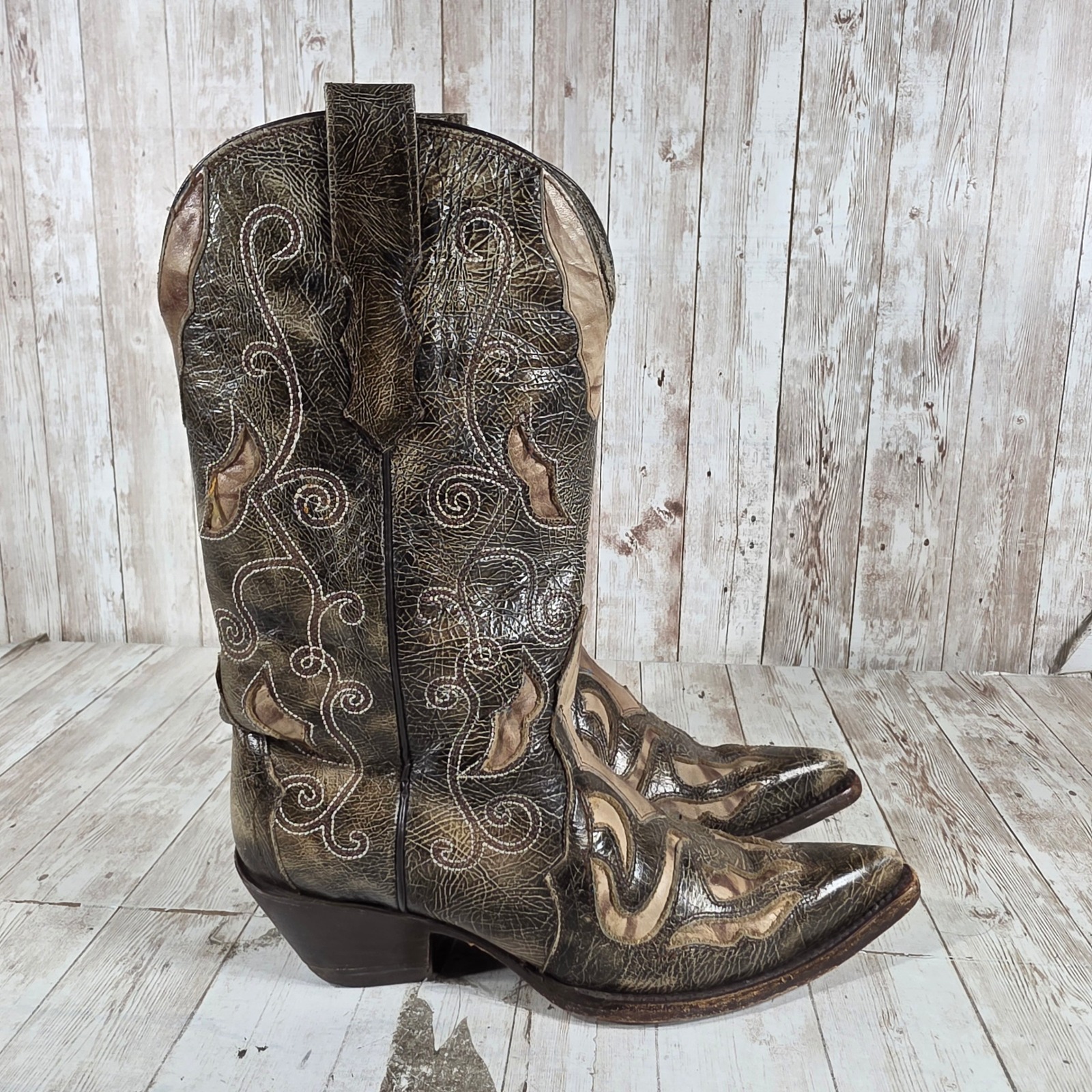 Womens Distressed Olive Green Leather Western Cowboy Boots Pointed Toe